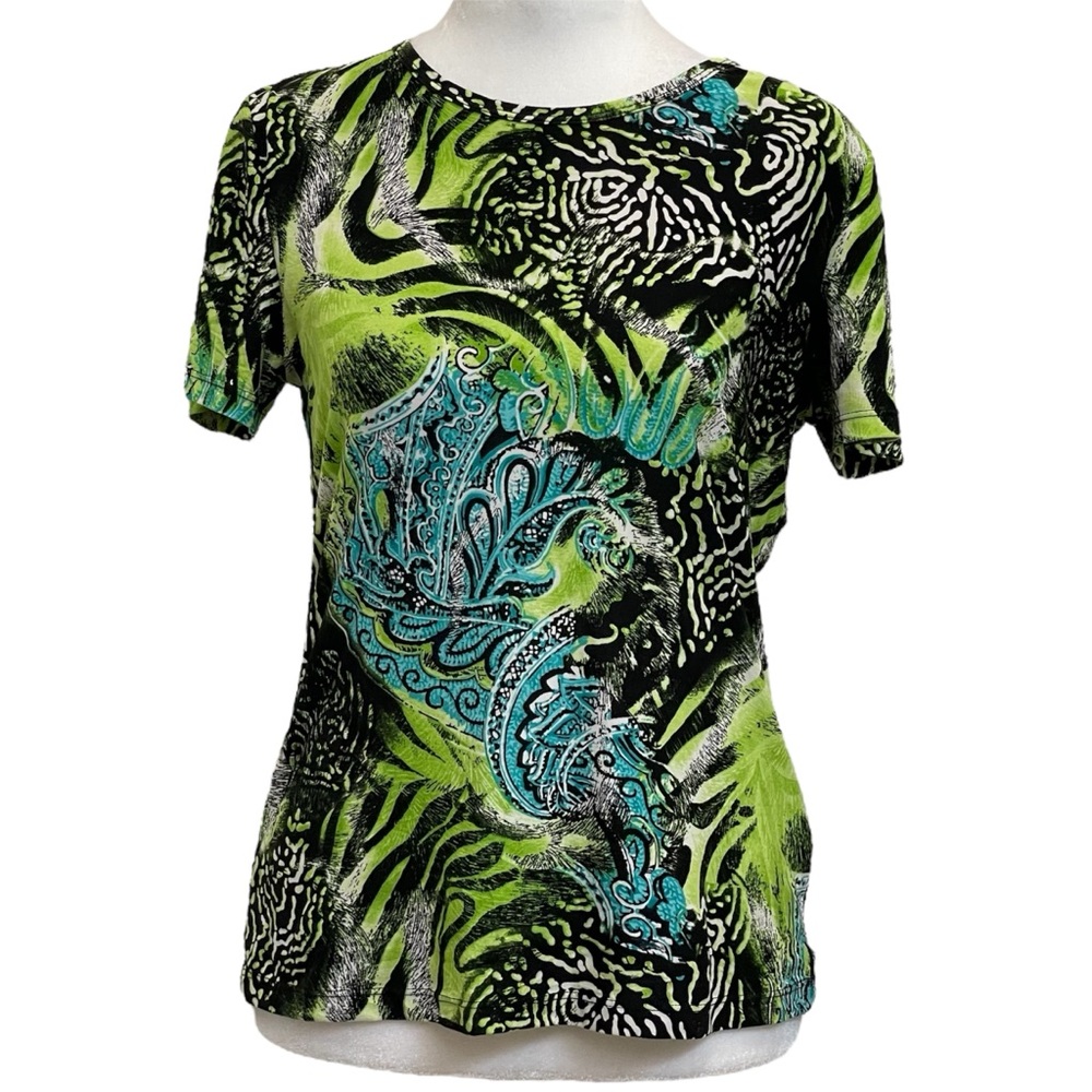 Peter Nygard 90s Vintage Artsy Green Paisley & Animal Print Short Sleeve Top